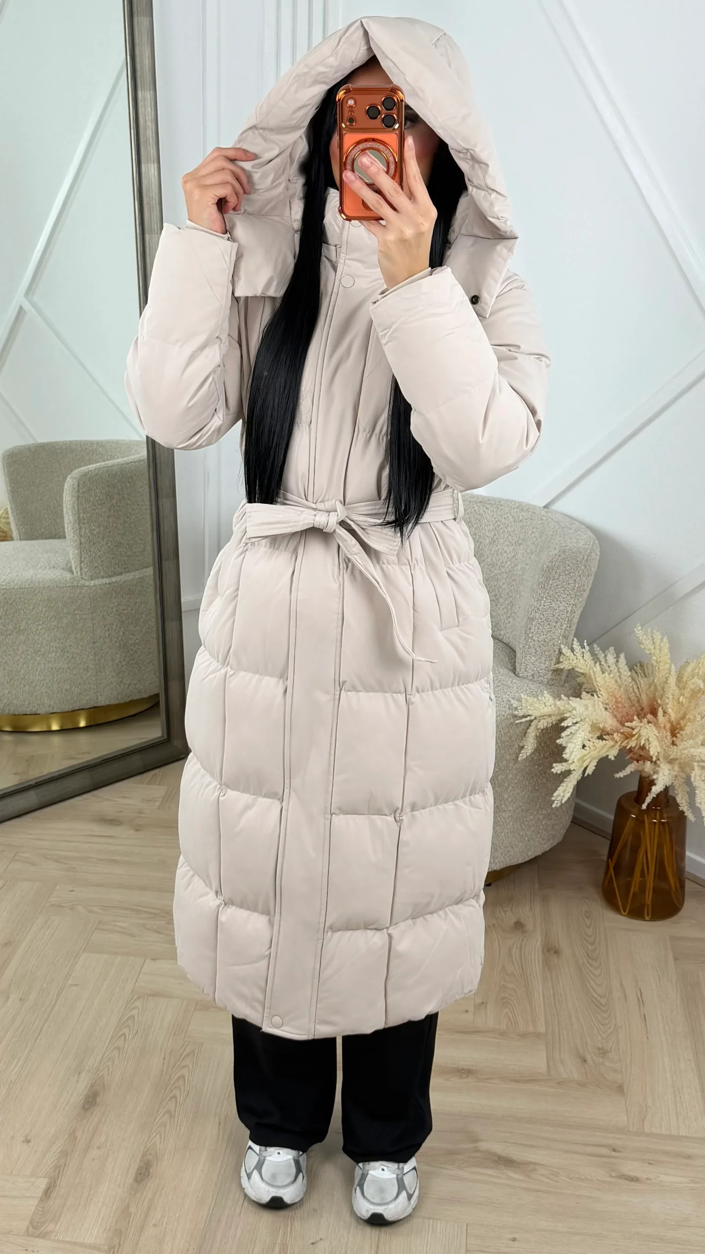 Gewatteerde Lange Puffer Jas met Capuchon en Ceintuur - Afbeelding 6