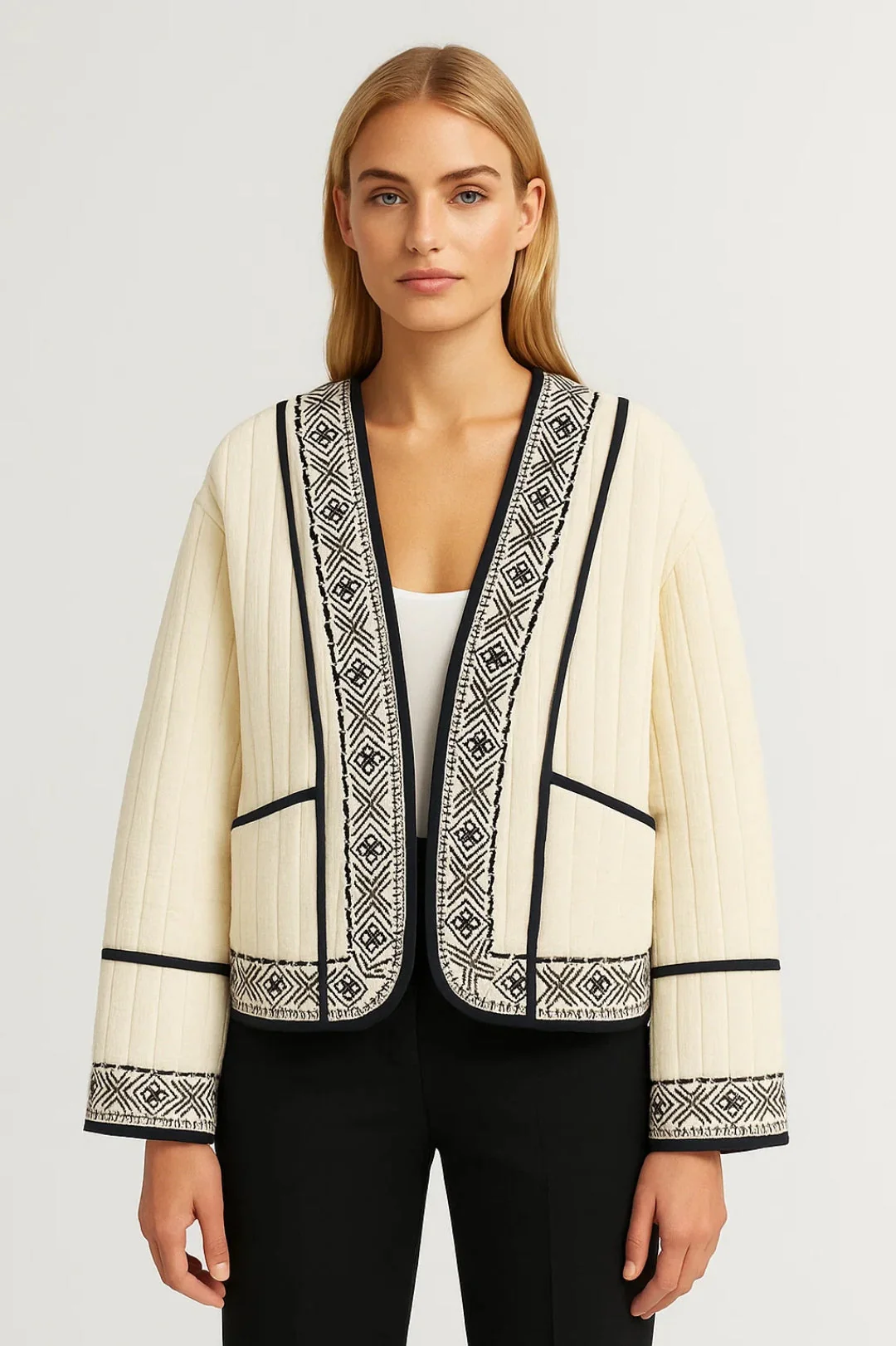 Geweven Damesvest | Korte Open Jas met Borduursel | Elegant en Comfortabel - Afbeelding 4