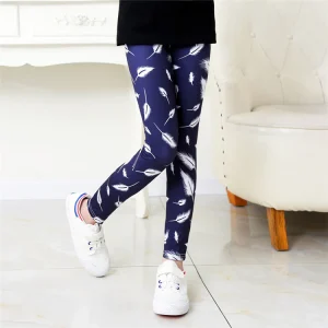 Blauwe meisjes legging met verenprint