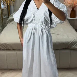 Katoenen Maxi Jurk met Pofmouwen & Gesmokte Taille