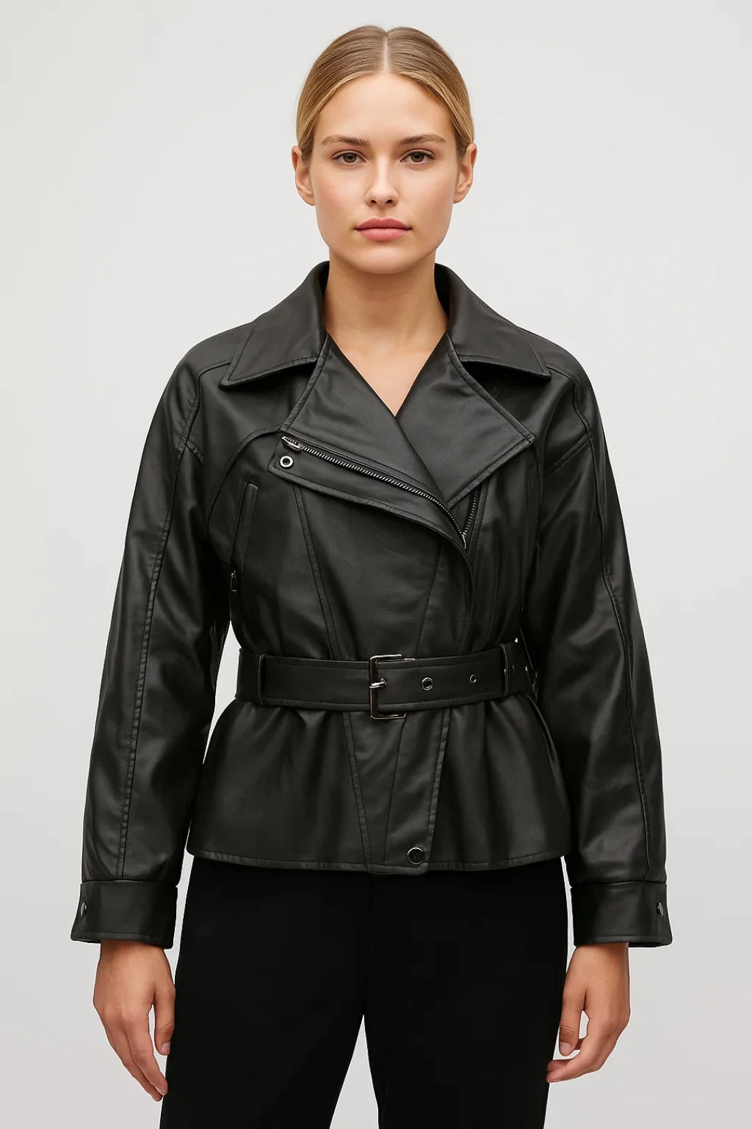 Biker Jas Dames - Strak Silhouet | Ceintuur en Asymmetrische Rits - Afbeelding 3