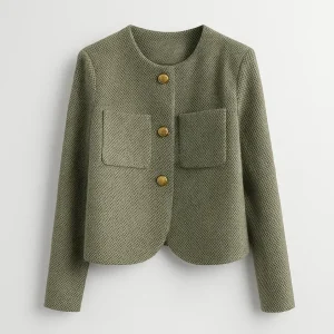 Korte Damesjas | Ronde Halslijn met Gouden Knoopsluiting | Verfijnde Look