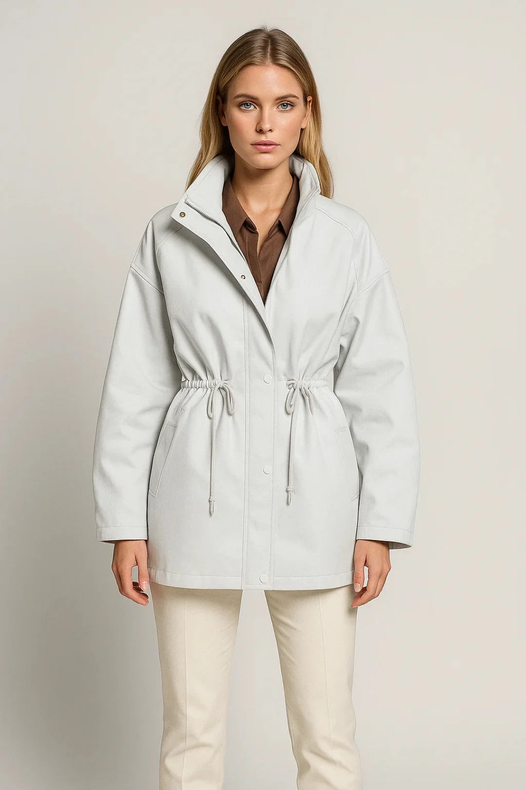 Korte Damesjas | Trekkoord Taille en Opstaande Kraag | Praktische Stadsstijl - Afbeelding 3