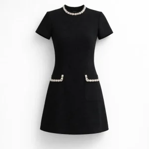 Mini Jurk Dames - A-lijn met Korte Mouwen en Parel Detail | Chique