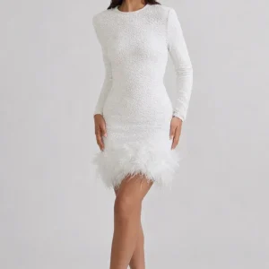 Mini Jurk Dames - Bodycon Lange Mouwen met Veren Detail | Elegant