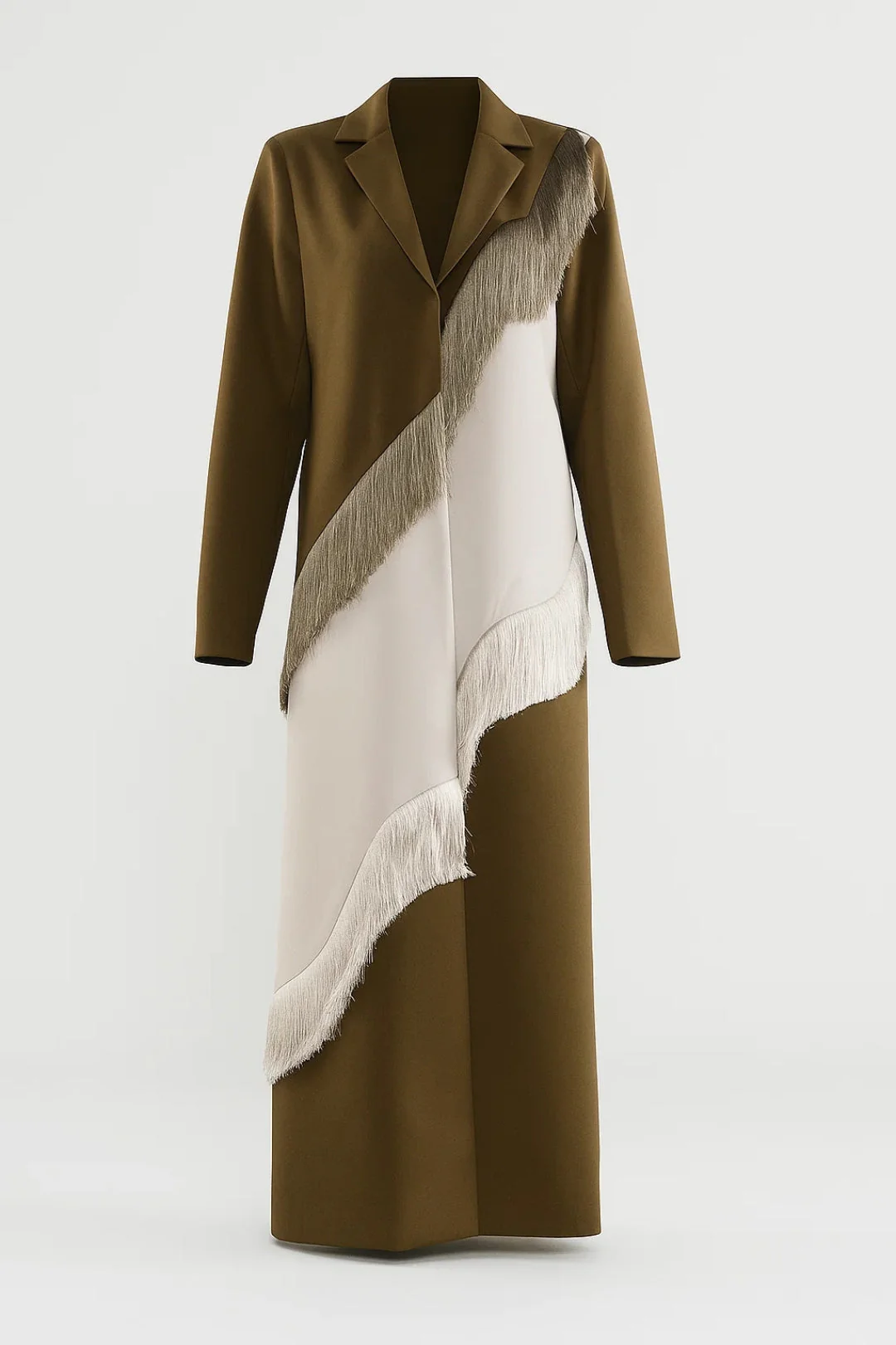 Lange Damesjas | Asymmetrisch Design met Franjedetail | Artistieke Uitstraling - Afbeelding 2