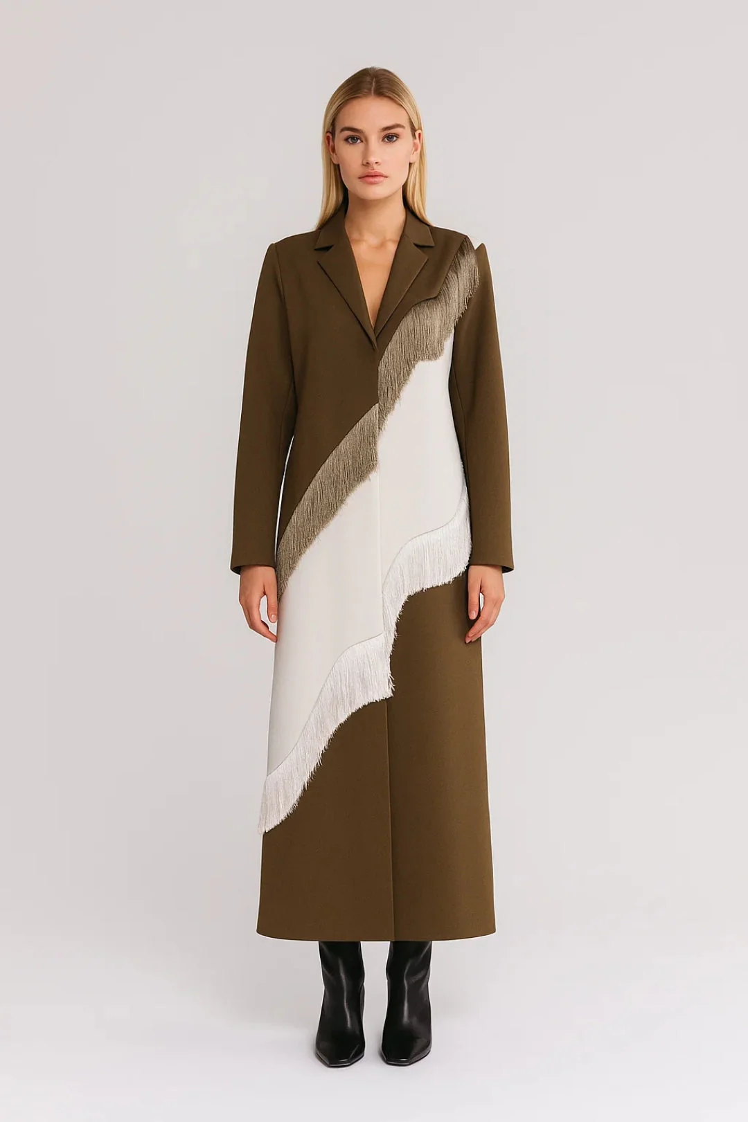 Lange Damesjas | Asymmetrisch Design met Franjedetail | Artistieke Uitstraling - Afbeelding 4