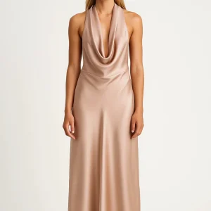 Maxi Jurk Dames - Halter Hals met Waterval Decolleté en Open Rug