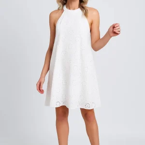 Mouwloze A-Lijn Jurk | Halterhals en Broderie Details | Lichtgewicht en Ademend