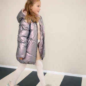 Baybee Halflange Satijnen Winterjas met Capuchon Metallic Roze