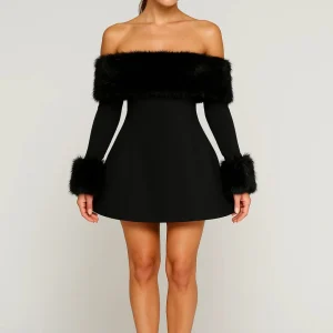 Mini Jurk Dames - Off Shoulder met Lange Mouwen en Pluizen Detail