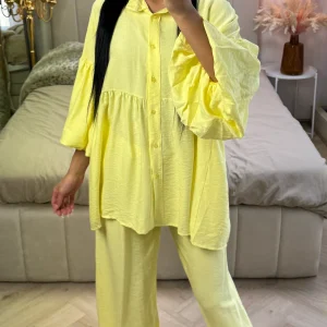 Oversized Katoenen Set met Pofmouwen & Rechte Broek