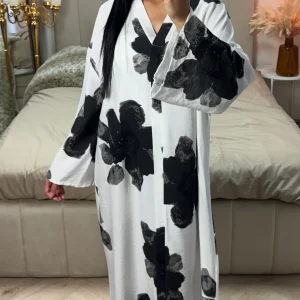 Oversized Viscose Abaya met V-Hals en Bloemenprint
