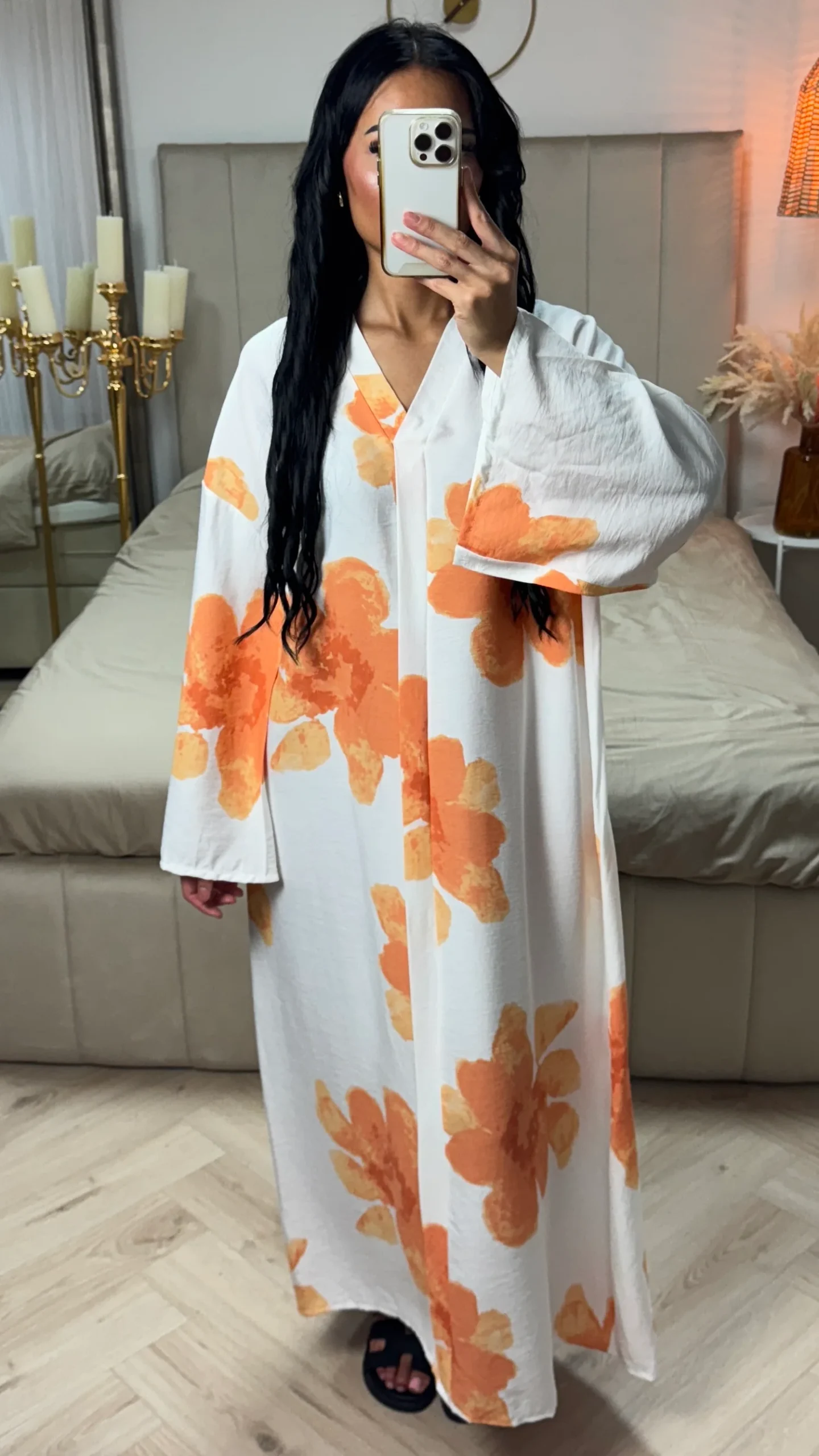 Oversized Viscose Abaya met V-Hals en Bloemenprint - Afbeelding 7