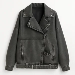 Oversized Bikerjack Dames | Asymmetrische Rits en Ceintuur | Stoer en Eigentijds