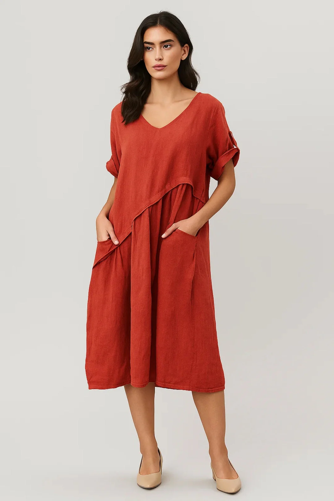 Midi Jurk Dames - Oversized met V-hals en Zakken | Casual - Afbeelding 6