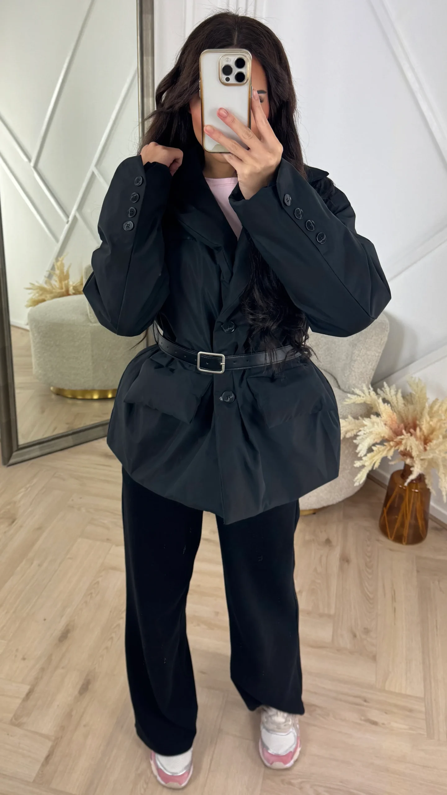 Padded Belted Jacket met Opstaande Kraag