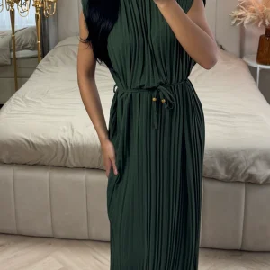 Plissé Maxi Jurk met Ceintuur en Pofmouwtje