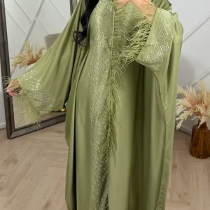 Satijnen Abaya Maxi Jurk met Veren en Strass Details