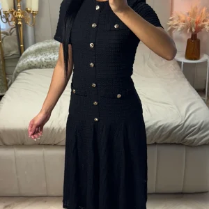 Textured Long Skirt Dress Golden Buttons