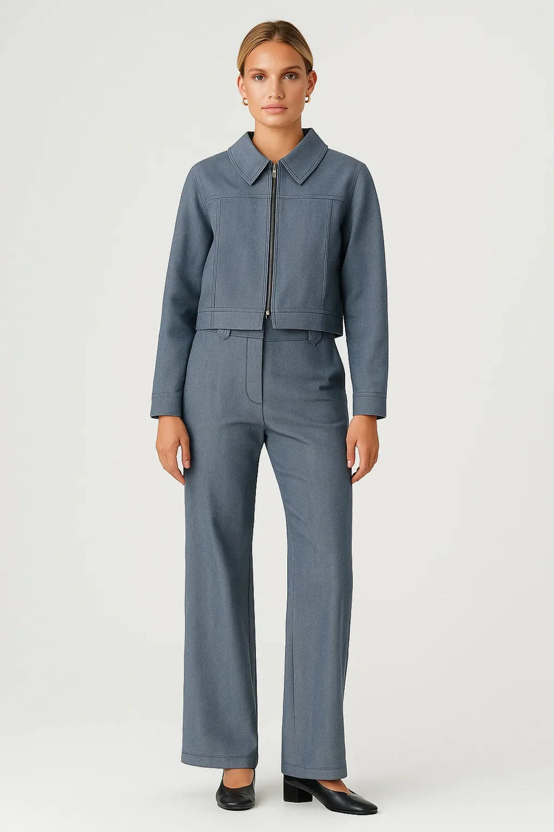 Tweedelige Set | Cropped Jasje met Rits en Rechte Broek | Tijdloze Structuur