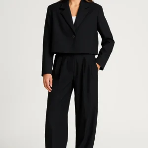Set Dames - Cropped Blazer met Wijde Pantalon en Revers Kraag | Chique