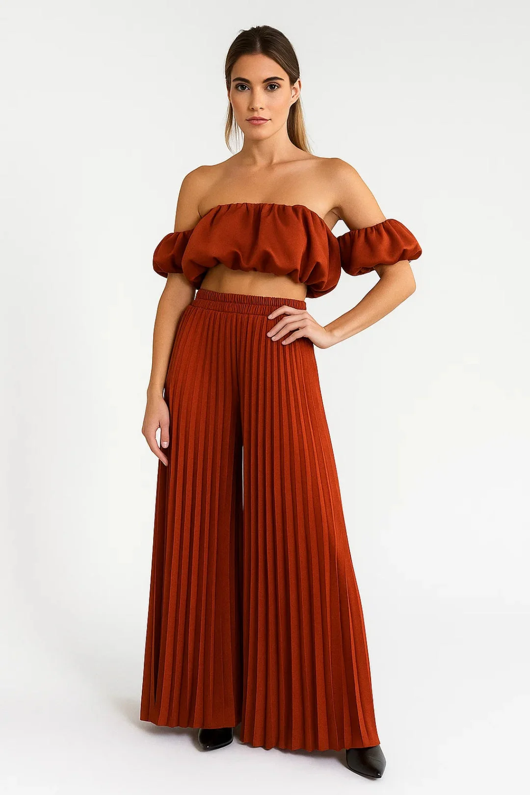 Set Dames - Off Shoulder Crop Top met Wijde Broek en Plooien | Elegant - Afbeelding 2