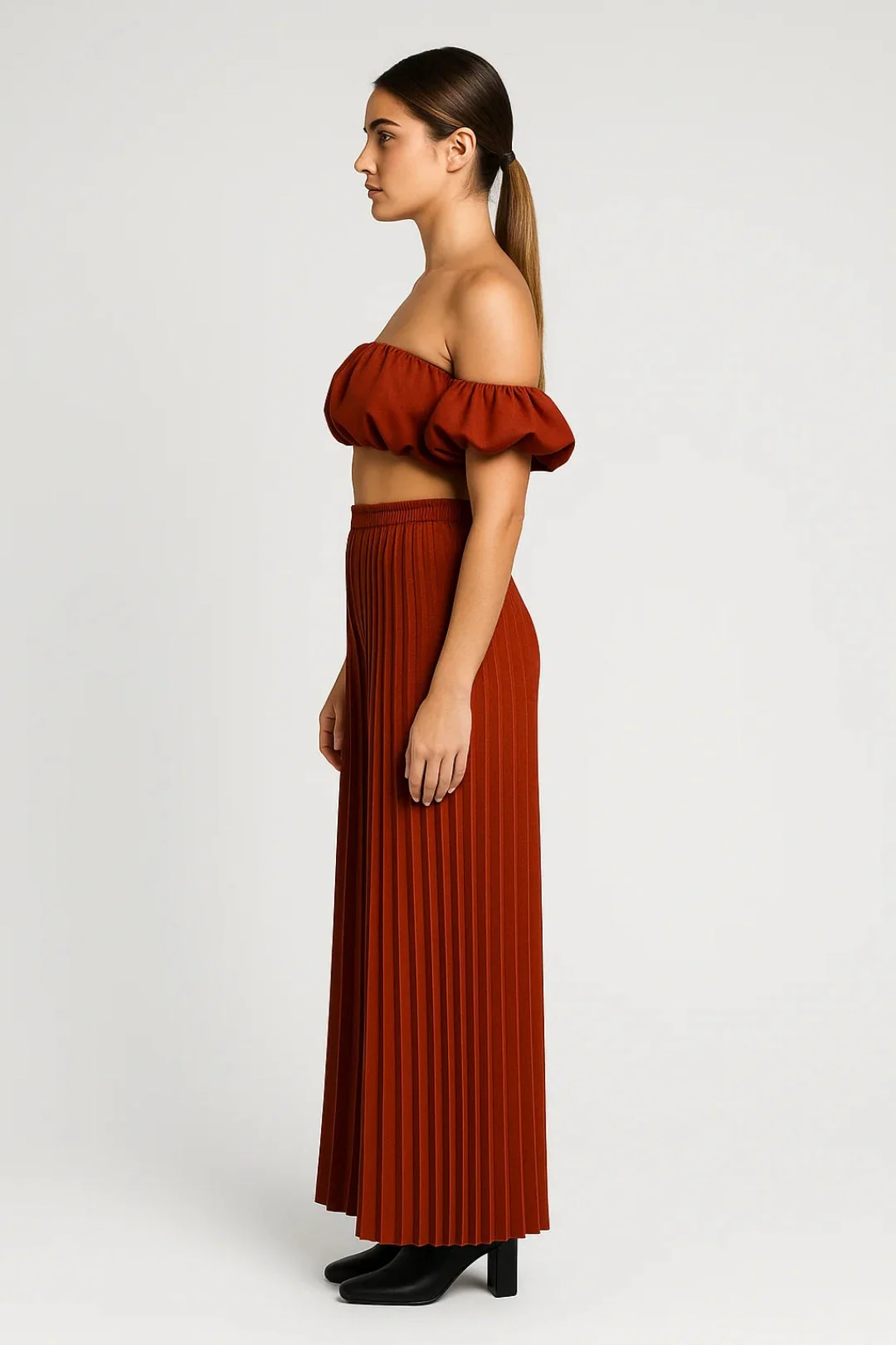 Set Dames - Off Shoulder Crop Top met Wijde Broek en Plooien | Elegant - Afbeelding 3