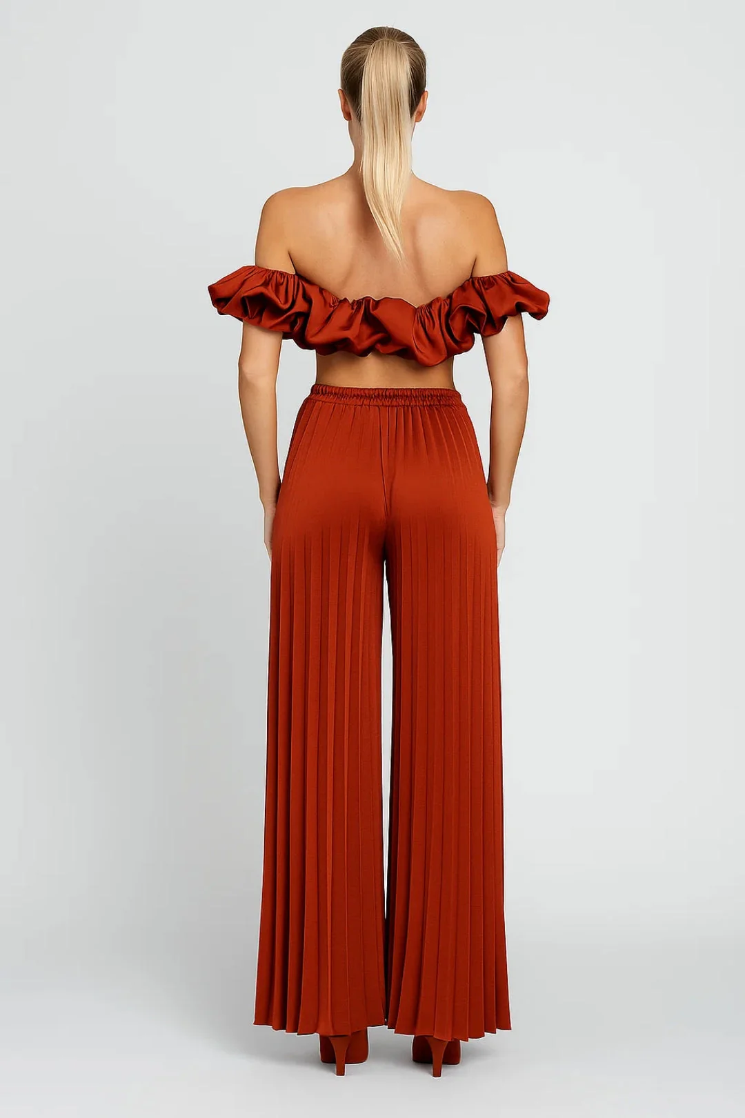 Set Dames - Off Shoulder Crop Top met Wijde Broek en Plooien | Elegant - Afbeelding 4