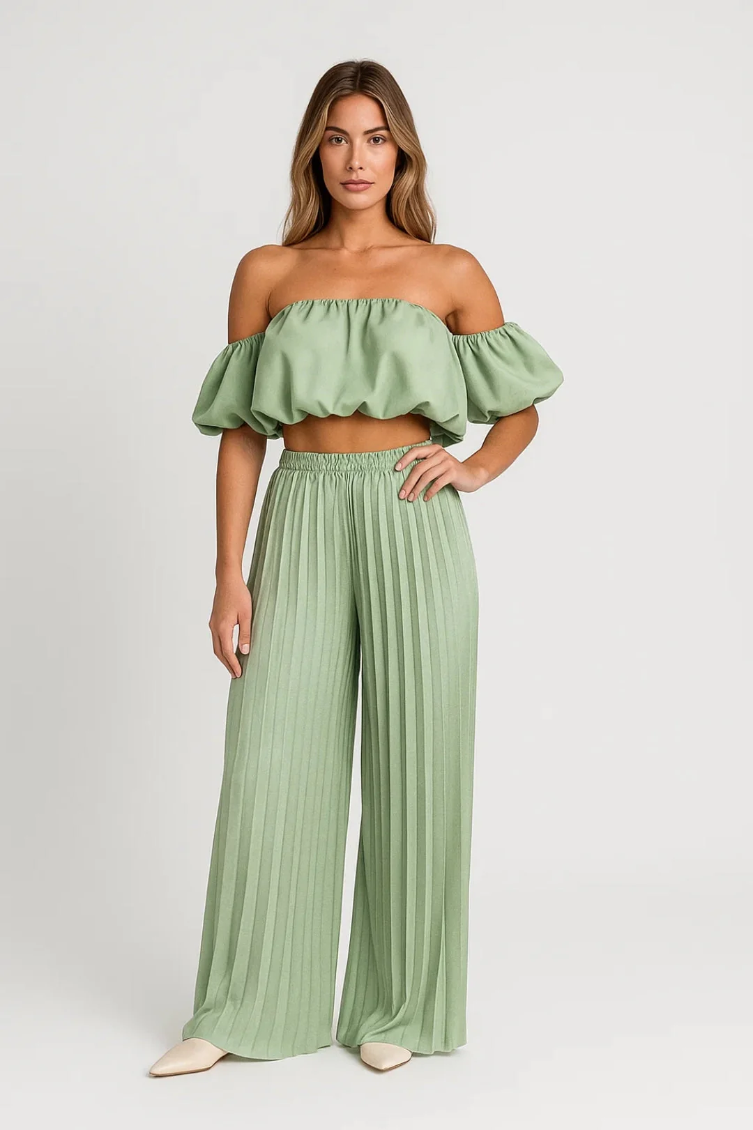 Set Dames - Off Shoulder Crop Top met Wijde Broek en Plooien | Elegant - Afbeelding 6