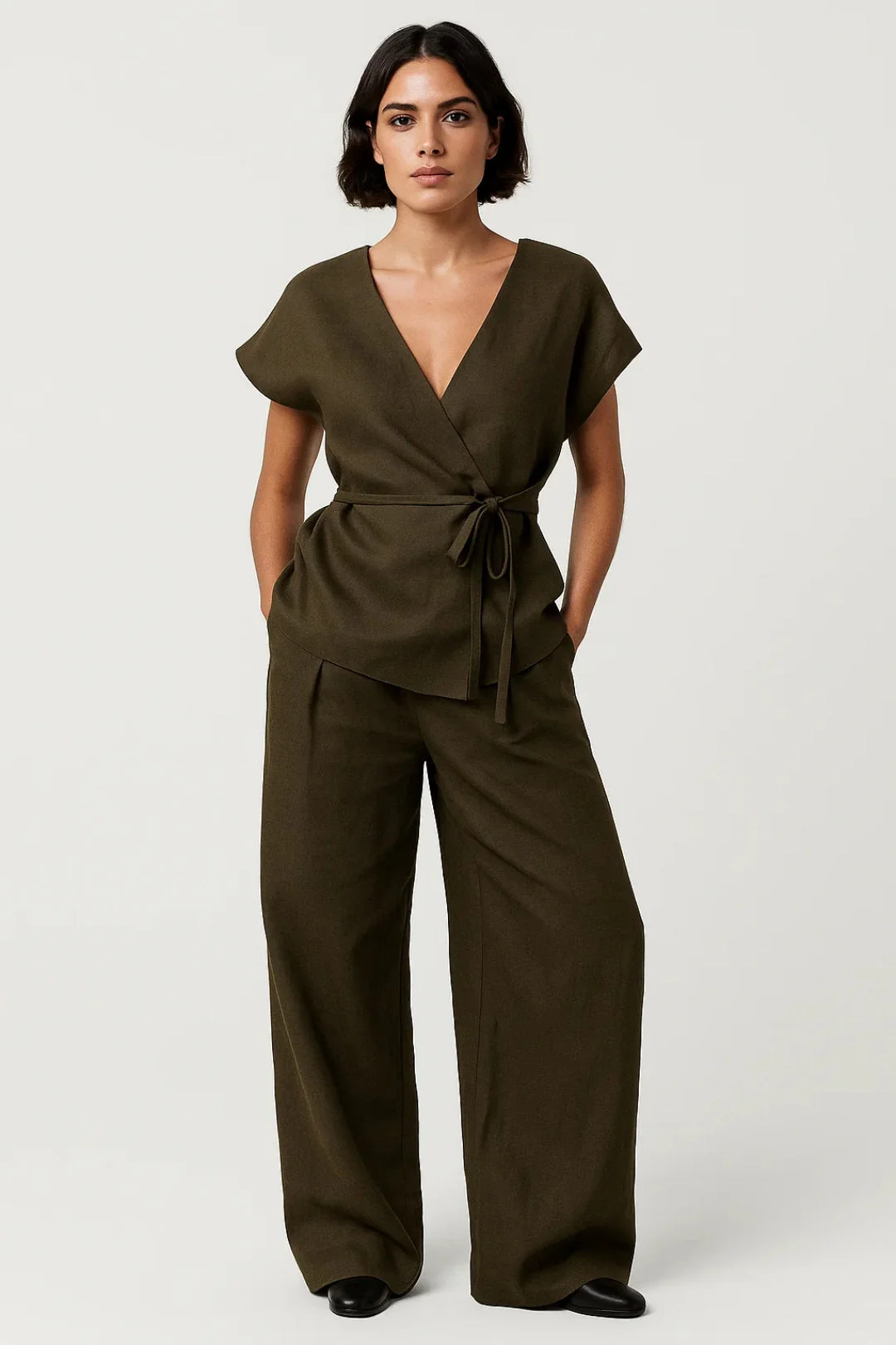 Set Dames - Wikkel Top met Wijde Broek en Strikceintuur | Elegant - Afbeelding 2