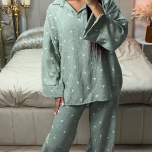 V Neck Oversized Set Emroidered Plants