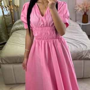 V Neck Puff Sleeves Dress Waist Detail