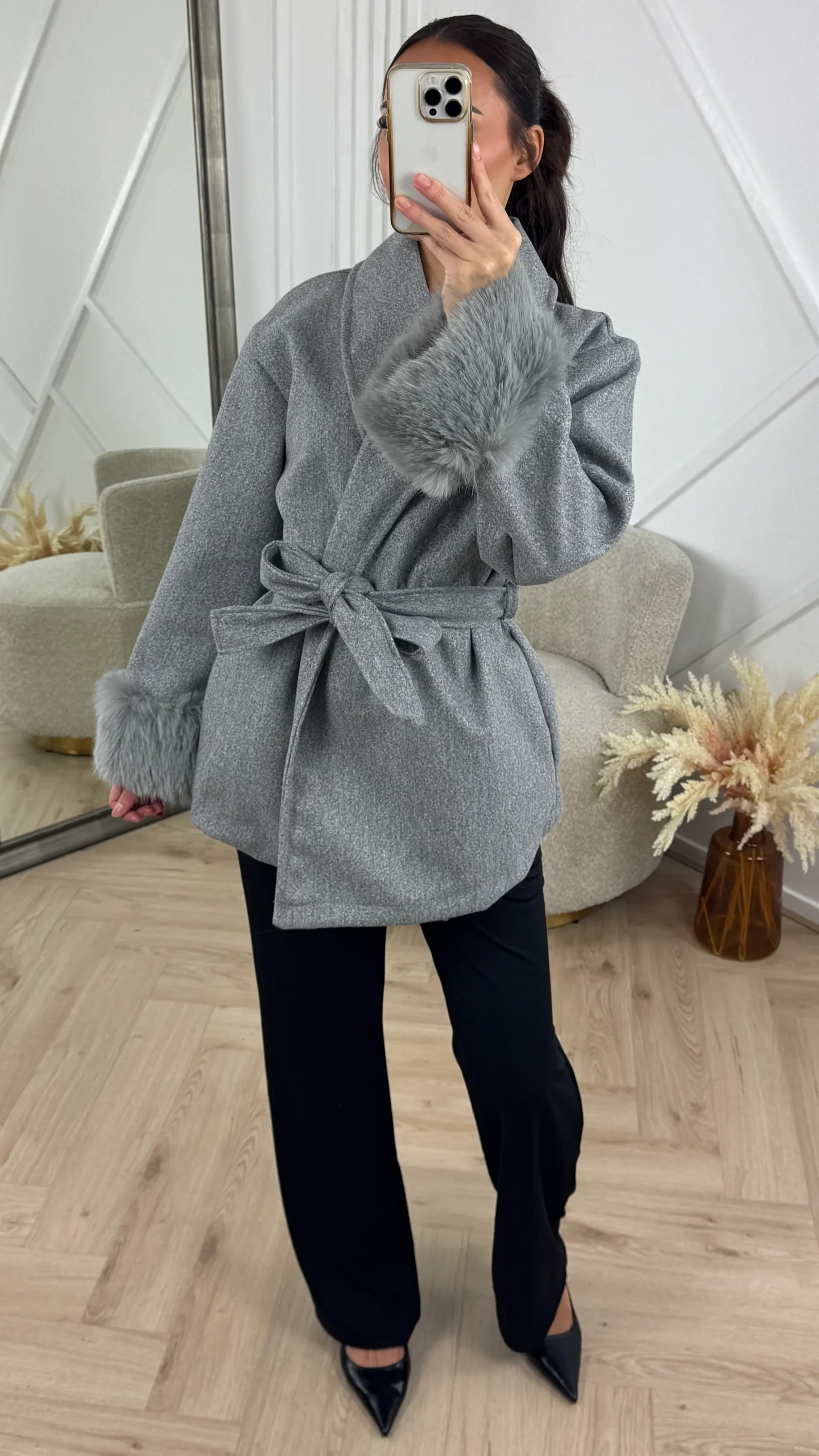 Wrap Coat met Faux Fur Manchetten - Afbeelding 3