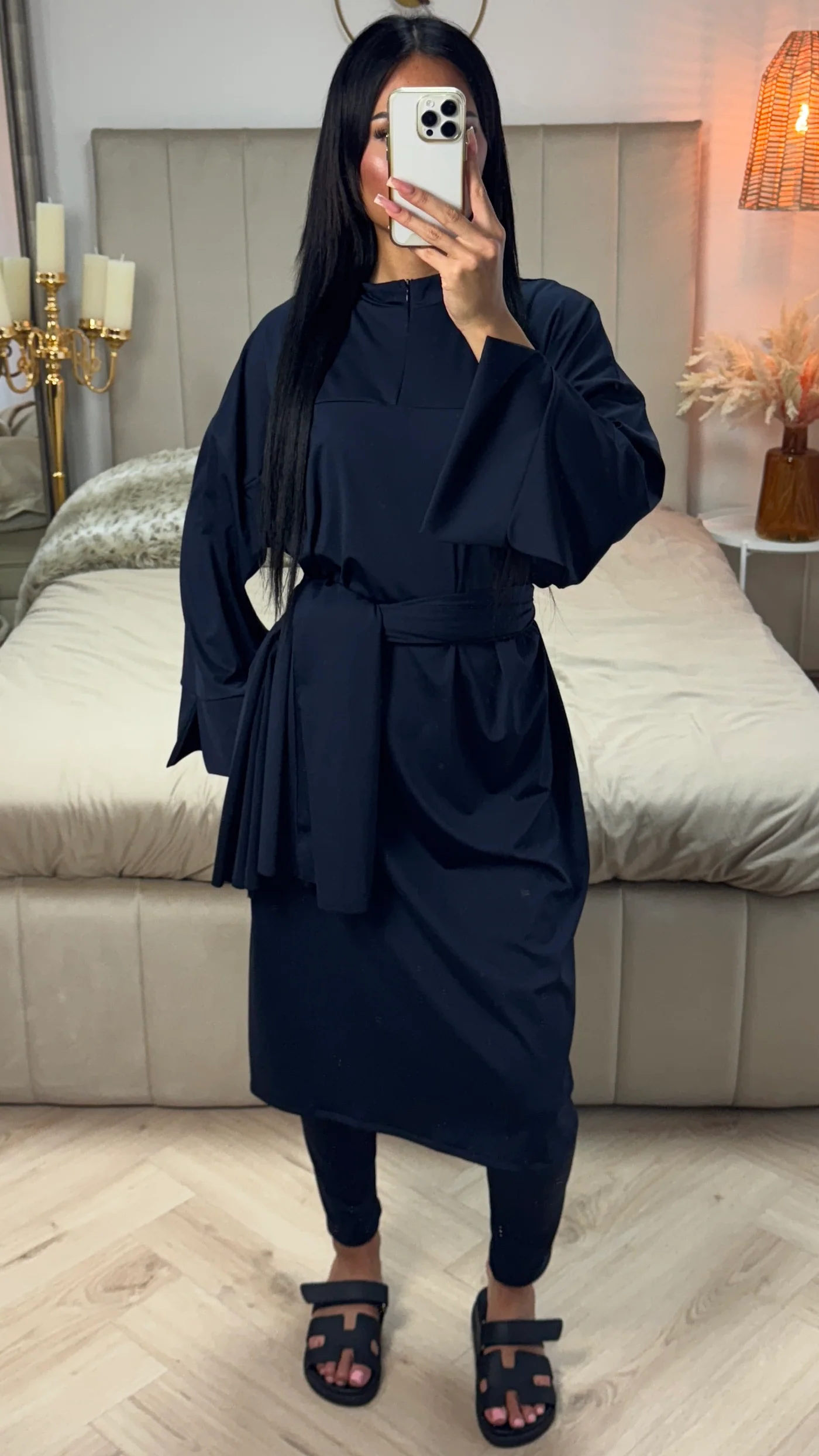 Zipper Essential Long Burkini Split Sleeve Detail + Hijab -Tie Belt - Afbeelding 2