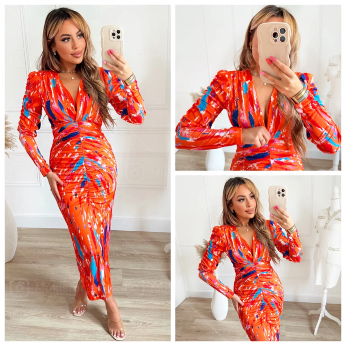 V Neck Printed Dress Taille Detail Shoulder Pads 7932-1 - Afbeelding 7