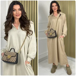 Amazing Heavy Material V Neck Collar Maxi Dress Pockets