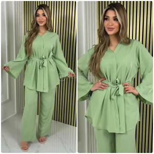 Basic V Neck Tie Belt Wide Sleeve + Leg Set