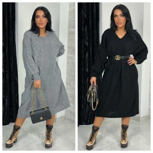 Oversized Cable Dress V Neck Balloon Sleeve 1401