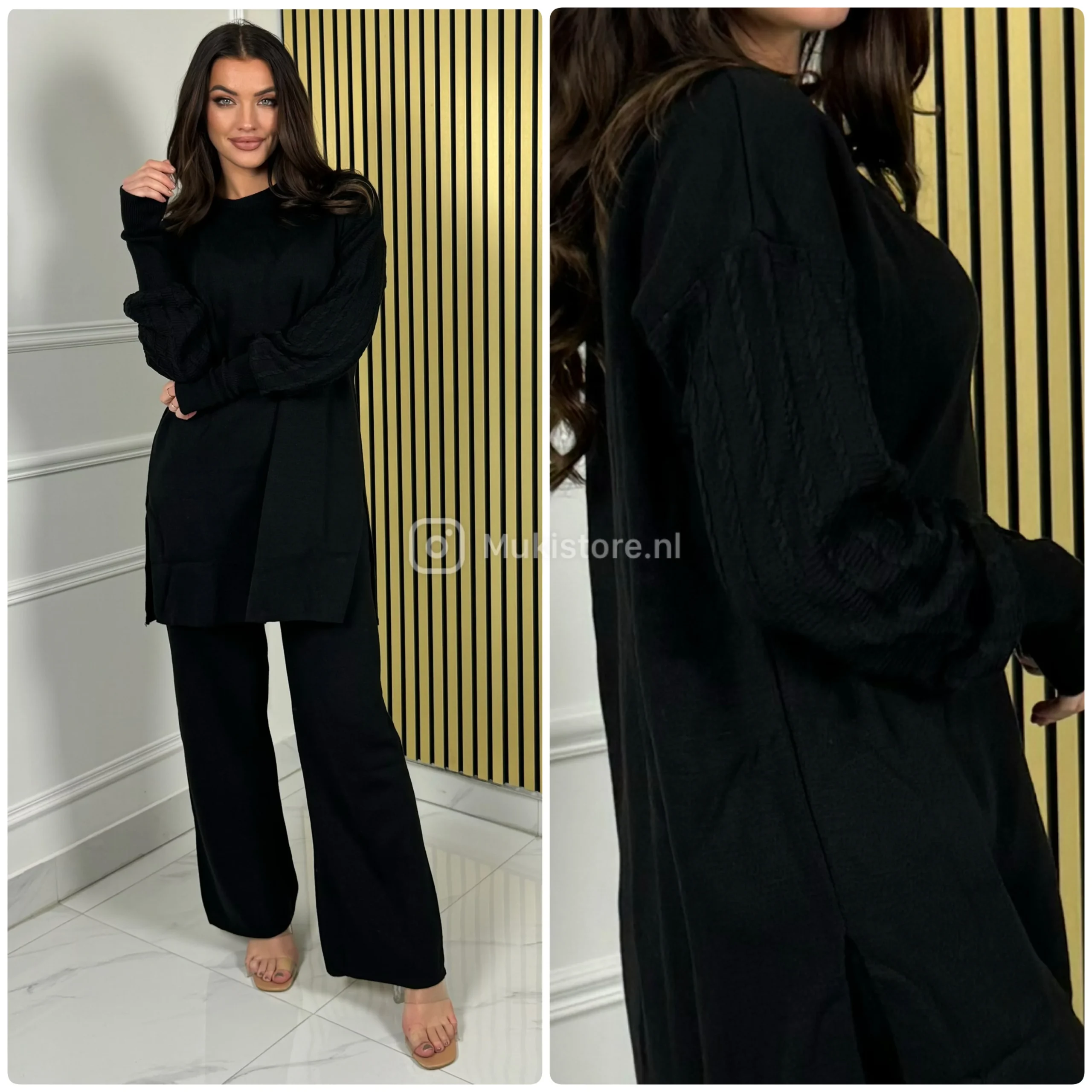 Cable Sleeve Detail Basic Oversized Knitwear Wide Leg Set 608 - Afbeelding 5