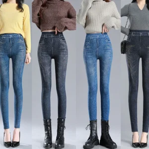 Jeanslook legging met strass steentjes