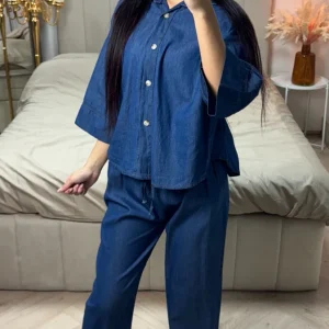 Denim Blouse Wide Leg Set