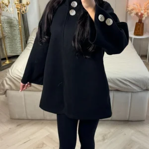 Double Golden Buttons Sleeve Detail Midi Split Coat