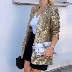 Aurora Gouden Glitterjack met Pailletten | Chique Damesjas met Sprankelende Details