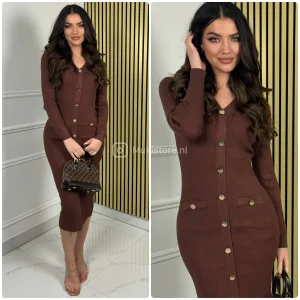 Golden Buttons Stretch Ribbed Dress M9007