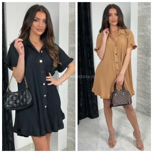 Half Sleeves Plisse Dress Golden Buttons