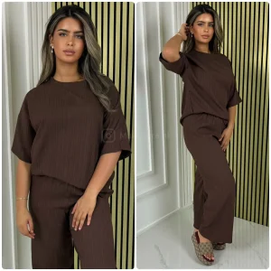 Half Sleeves Stripe Material Basic Wide Leg Set