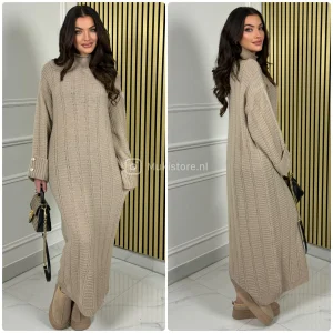 High Neck Oversized Dress Folded Sleeves Golden Buttons