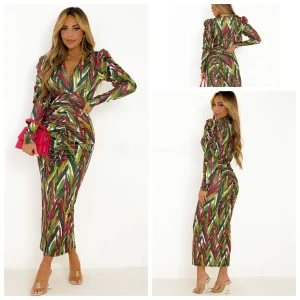 Trending Motif Print Dress Taille Detail Shoulder Pads 7932-2