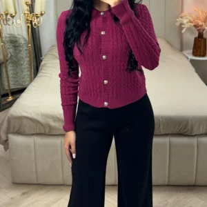 Crop Cable Top Longs Sleeves Golden Buttons